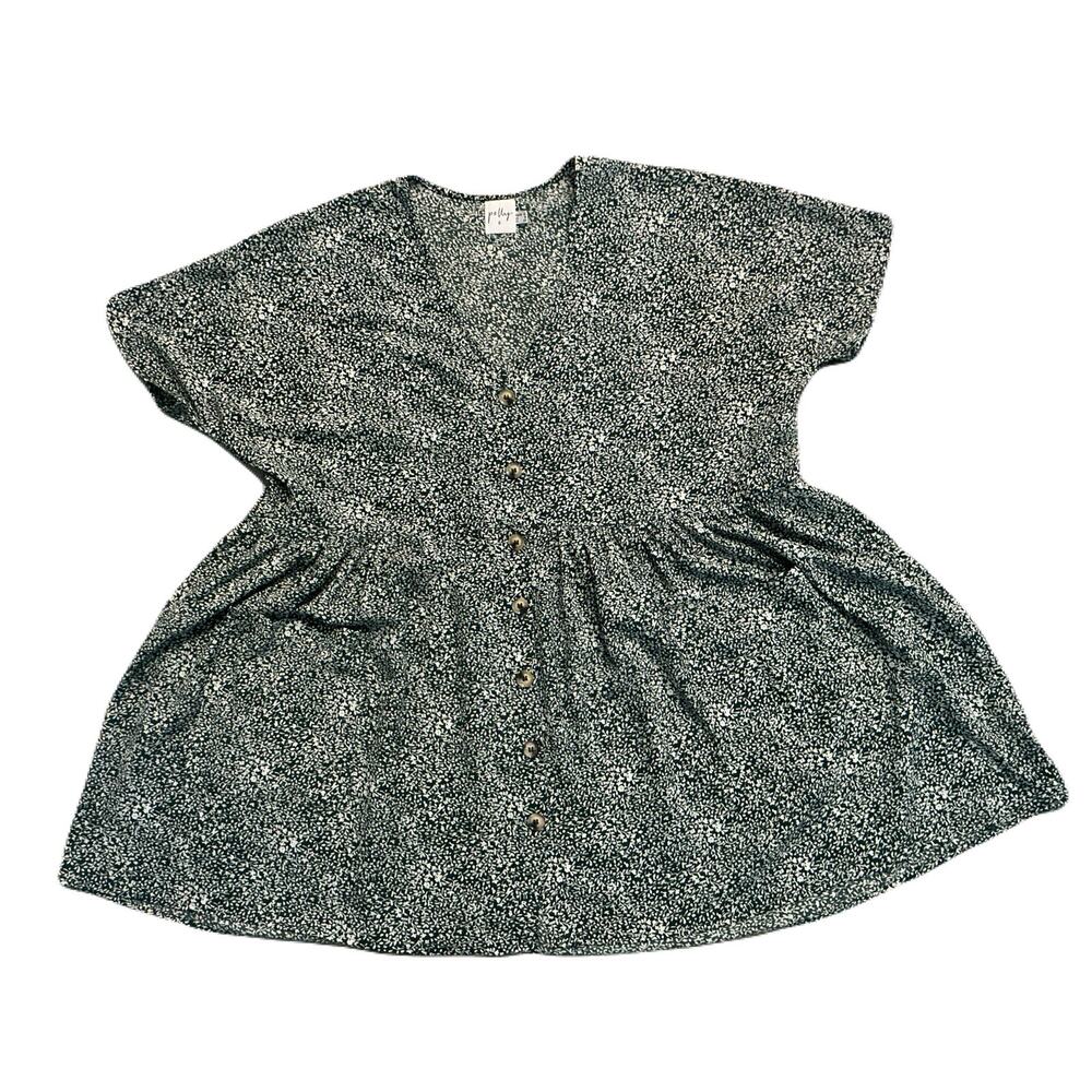 Green Floral Cottagecore Dress Button Waist Flowy Midi Plus size